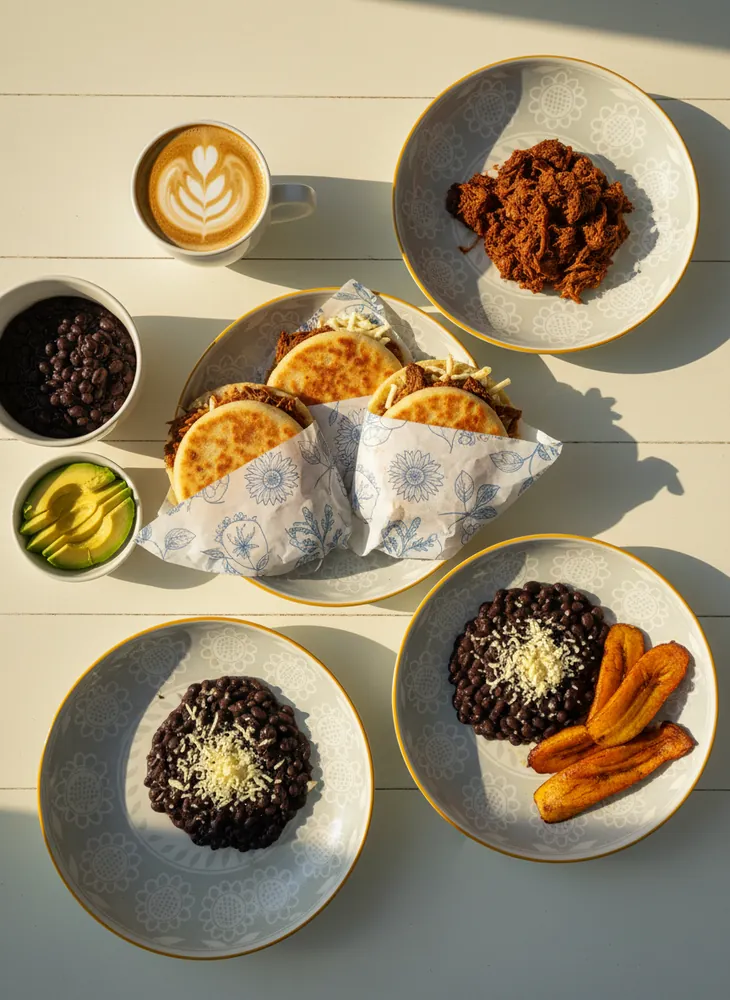 Mesa servida con arepas, caraotas, tajadas y café